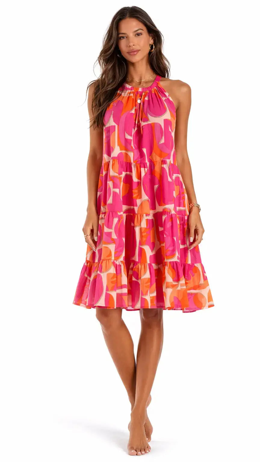 Pink Orange Halter Mini Dress | Resort Wear Tiered Summer Dress Club Moda Mini Dress