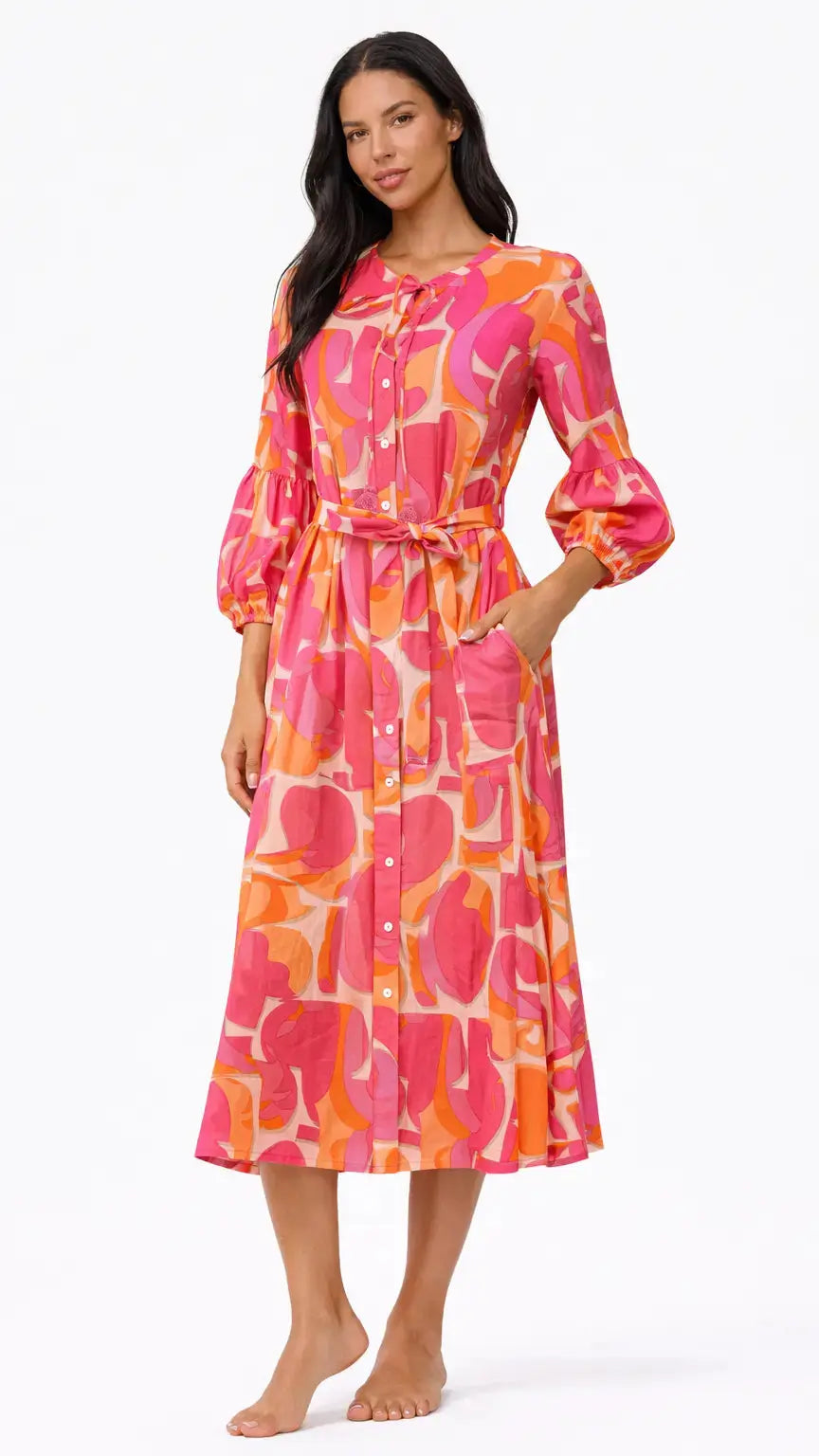 Pink Orange Printed Midi Dress | Resort Wear Shirt Dress for Boutiques Club Moda Dresses