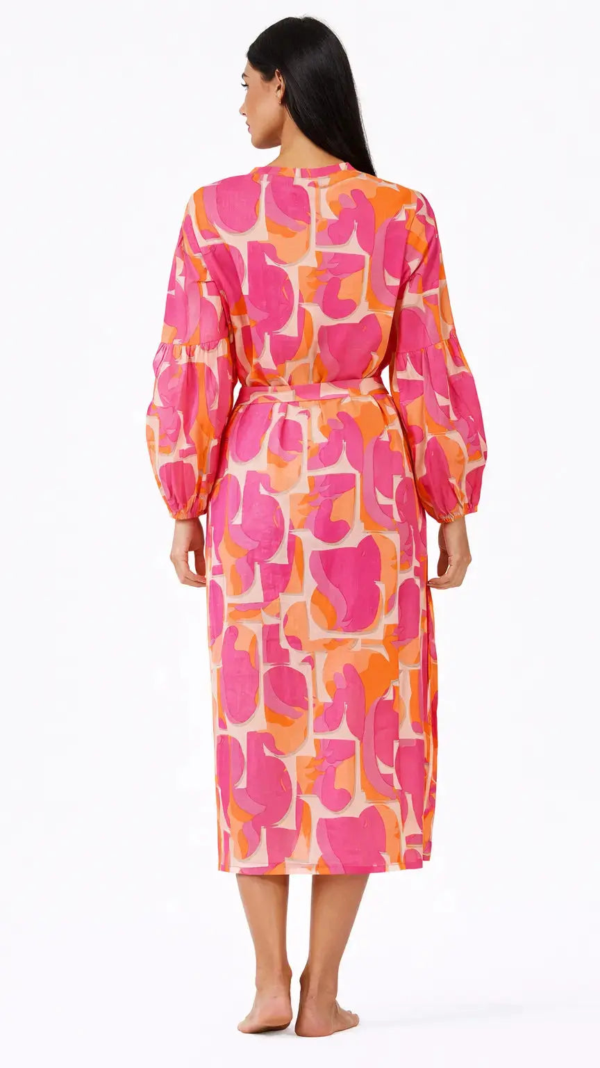 Pink Orange Printed Midi Dress | Resort Wear Shirt Dress for Boutiques Club Moda Dresses