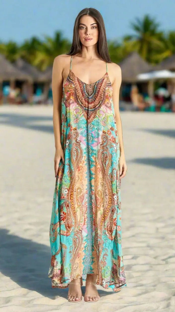 Maxi dress with a racerback, in a long, full-length cut for resort wear