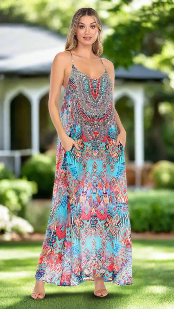 Maxi dress with a racerback, in a long, full-length resort cut