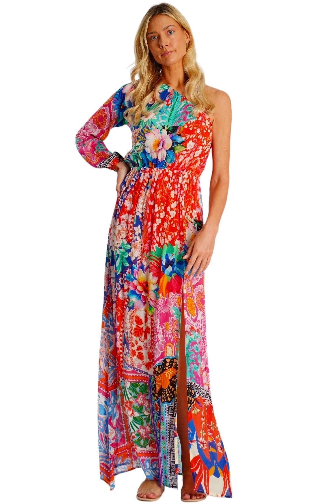 Red Tropical Floral One-Shoulder Maxi Dress - front view - Club Moda USA luxury resort wear