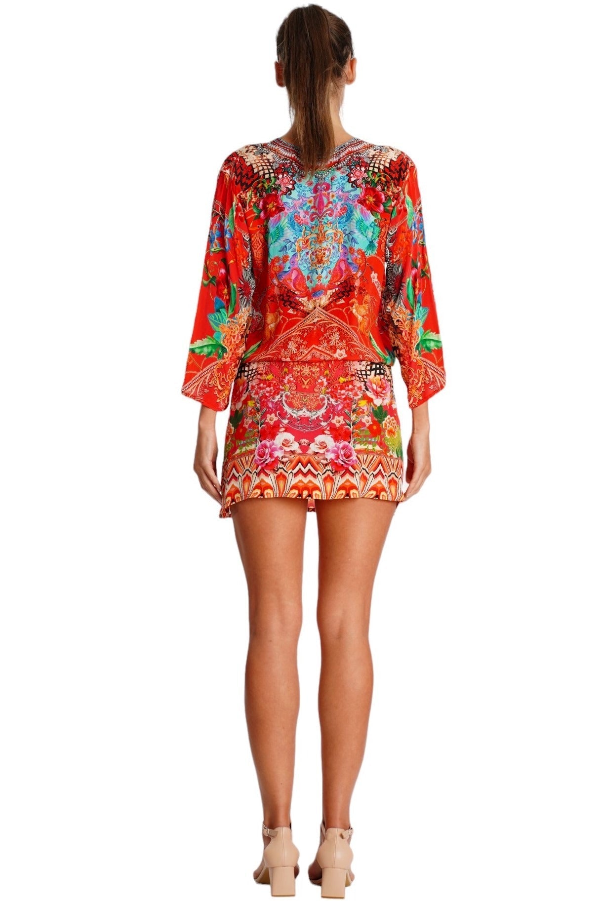Red Tropical Print Mini Dress – Boho Bell Sleeve Resort Dress - Side View | Club Moda USA