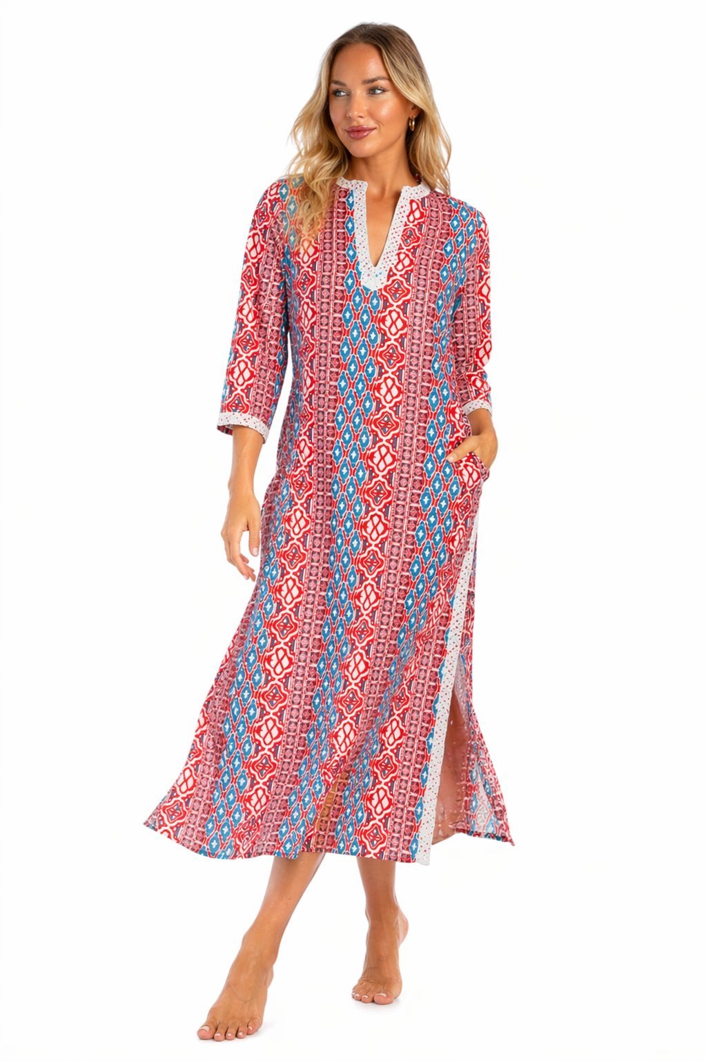 Red White Blue tribal ikat print maxi caftan — side detail | Shop boho resort dresses at Club Moda