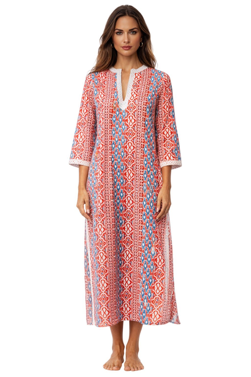 Red, white and blue tribal ikat maxi caftan, further product view