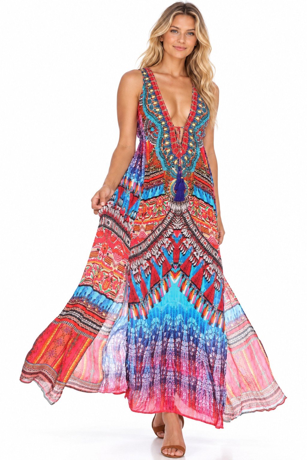 Club Moda sleeveless side-slit maxi dress front view on white background - tribal feather print, SKU 191085-SD
