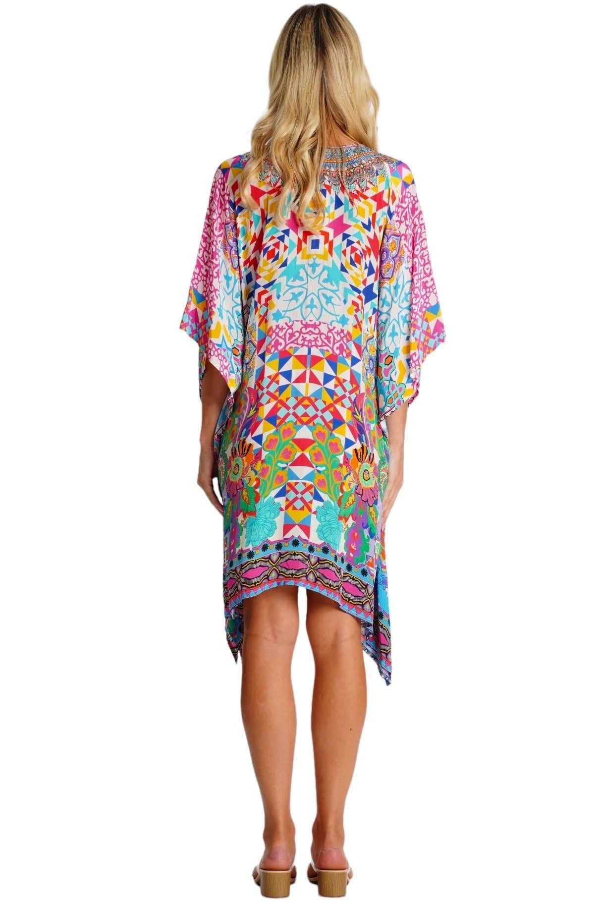 Long, loose resort kaftan dress, shown from another angle