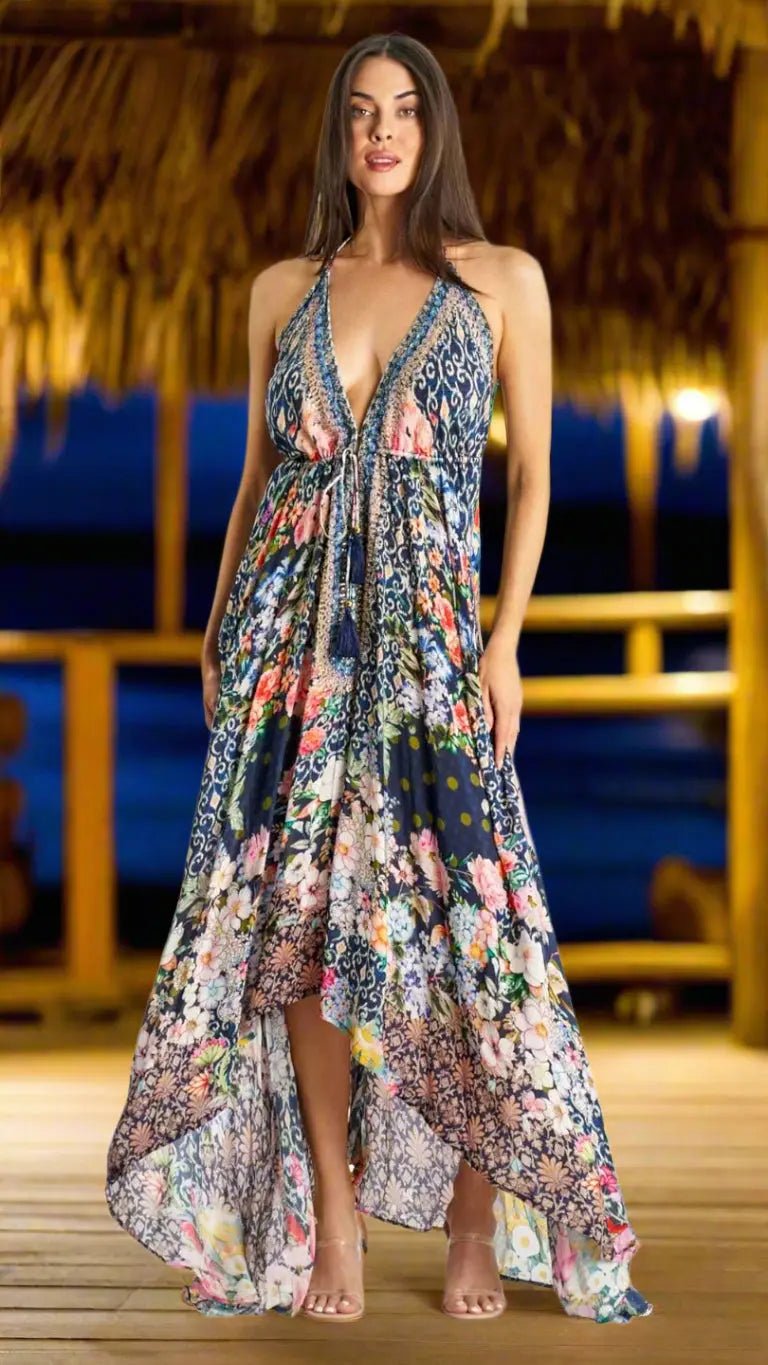 Resort Wear Halter Maxi Dress with Plunge Neckline - Designer Maxi Dress | Elegant Kaftan Cover Up Dress | Club Moda USA