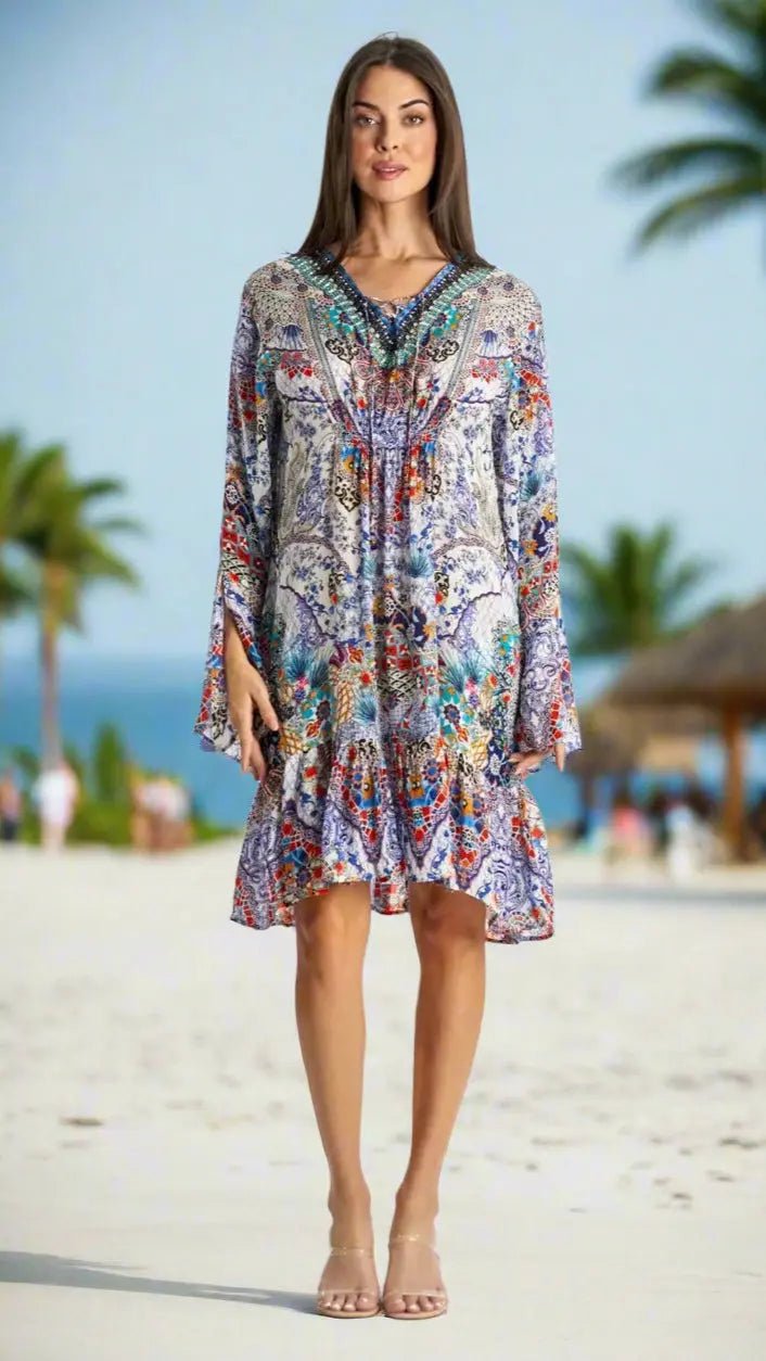 Resort Wear Short Mini Dresses in trendy Prints - Designer Mini Dress | Elegant Kaftan Cover Up Dress | Club Moda USA