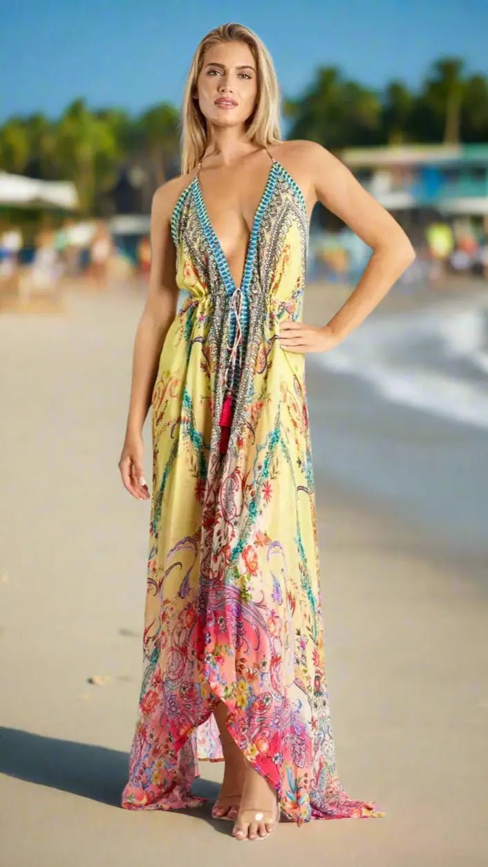Halter Maxi Dress with Hi-Lo Hem - Designer Maxi Dress | Elegant Kaftan Cover Up Dress | Club Moda USA