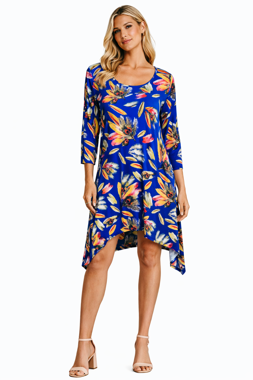 Shark-bite Asymmetrical Tropical Resort Knit Dress Club Moda Mini Dress - styling view 8