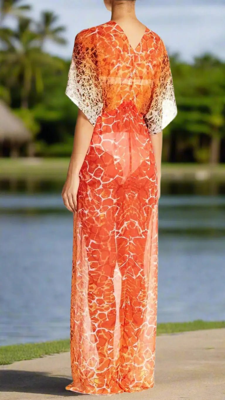 Sheer Long Kaftan Beachwear Cover Up - Designer Caftan | Elegant Kaftan Cover Up Dress | Club Moda USA