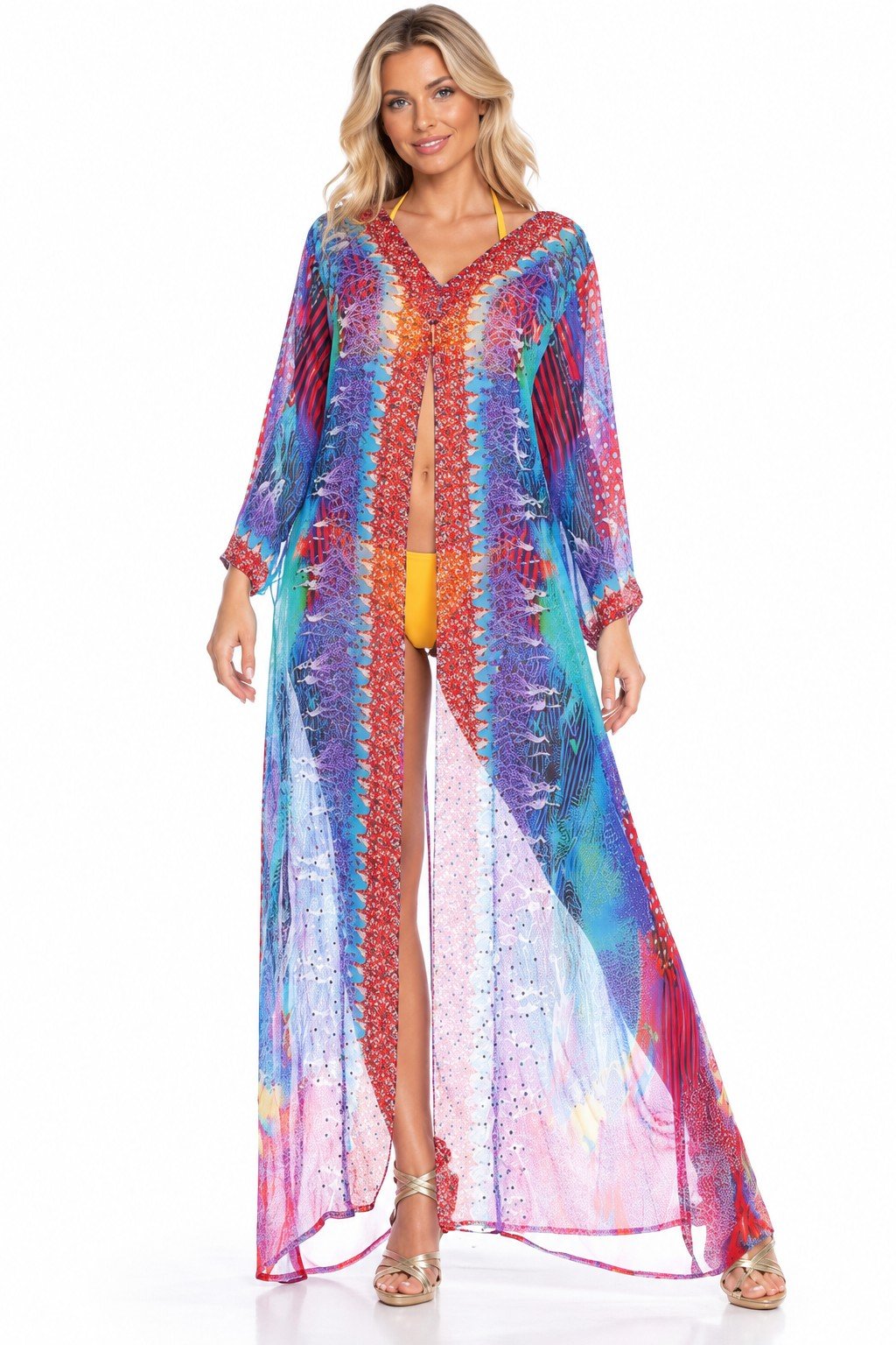 Club Moda sheer long kimono cover-up front view on white background - feather print with red placket and cuffs, SKU 201008-LC