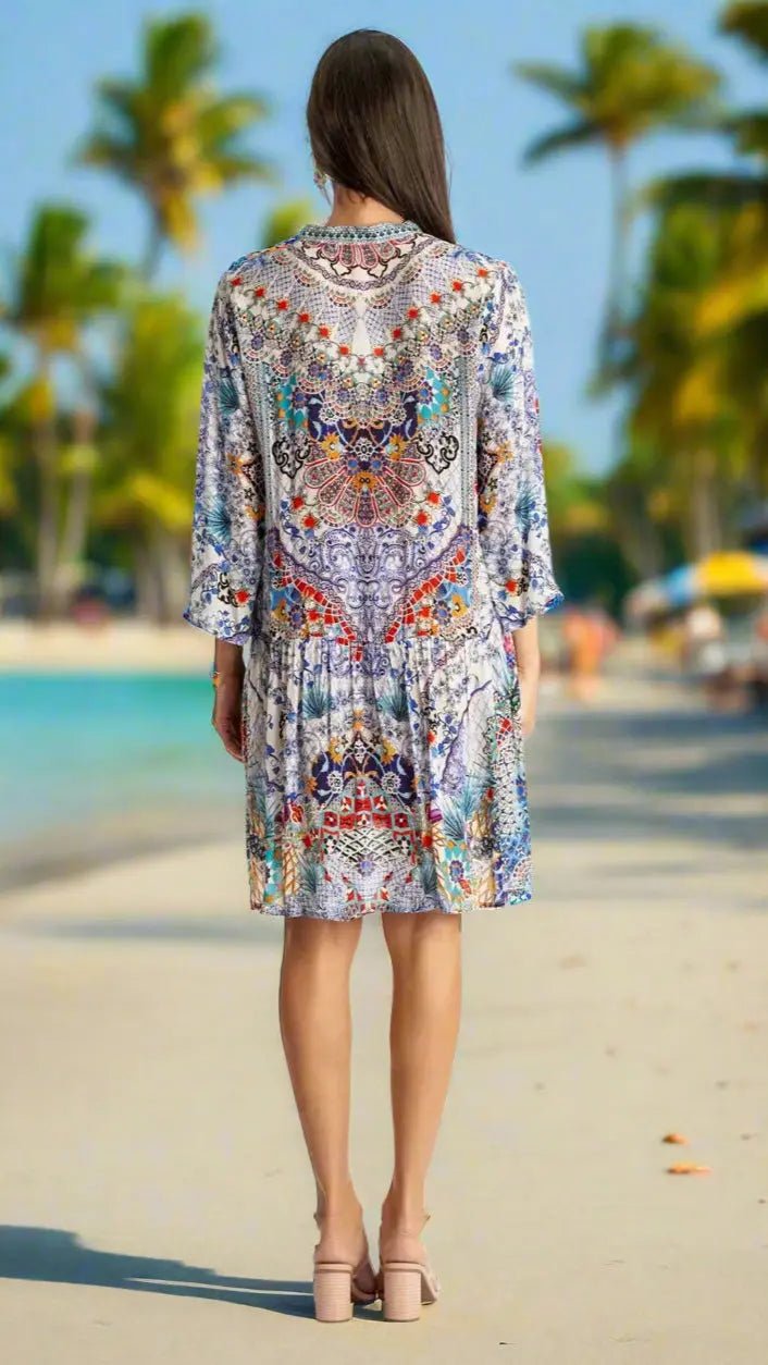 Shirt Mini Dress for Beach & Resort - Designer Shirt Dress | Elegant Kaftan Cover Up Dress | Club Moda USA