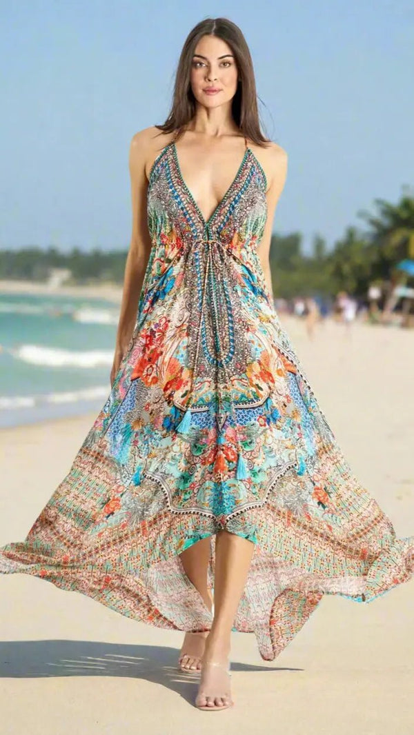 Halter-neck dress cut for warm-weather beach and resort days