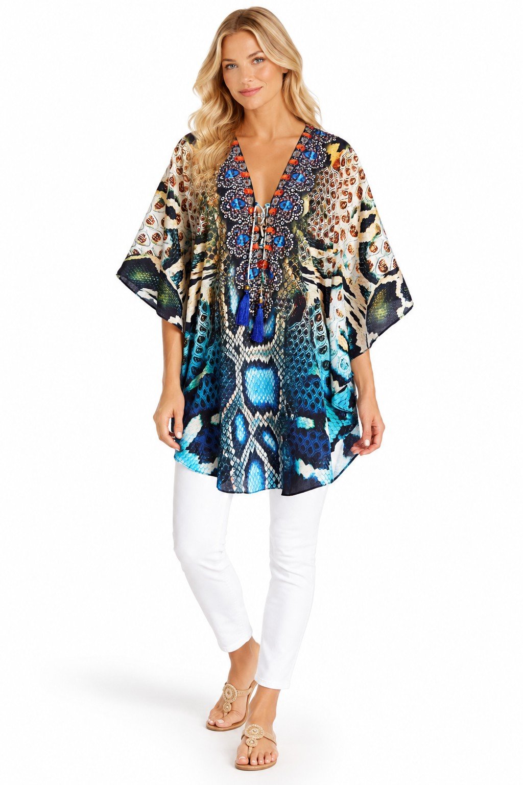 Club Moda snake print summer kaftan top front view on white background - batwing sleeves, curved hem, SKU 181016 BT