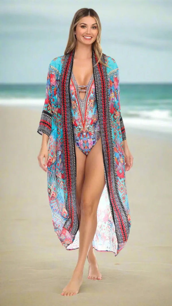Swim cover-up worn over swimwear at the beach