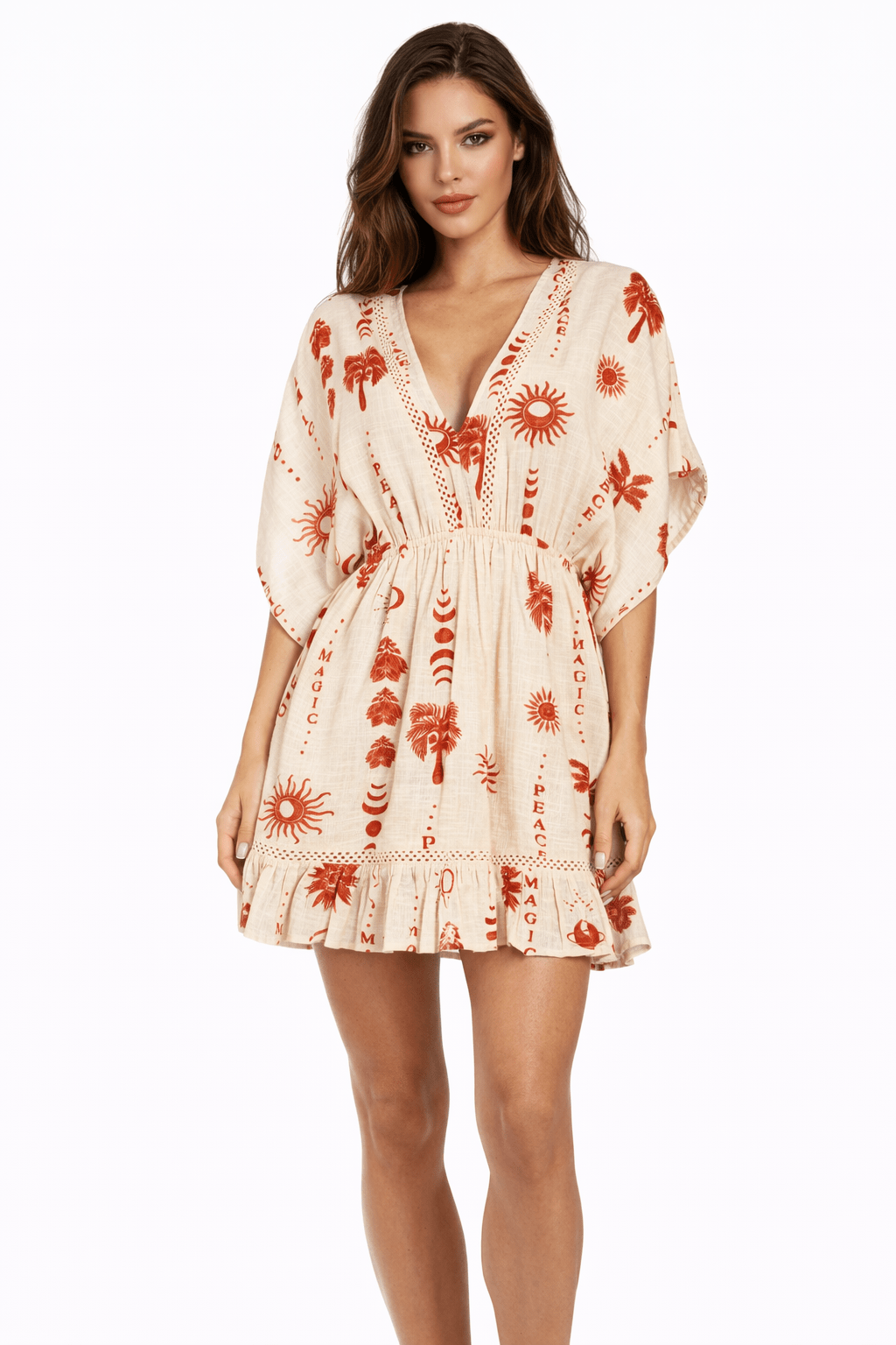Ivory and terracotta folk-print kimono-sleeve V-neck mini dress with tiered ruffle hem — view 1