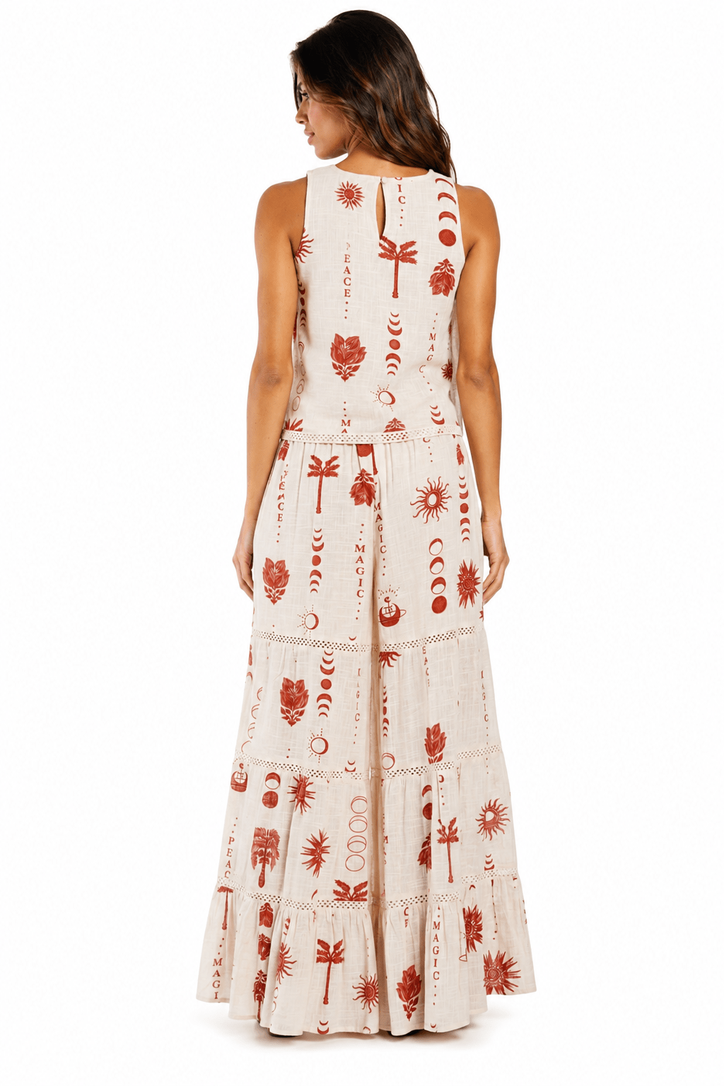 Ivory and terracotta folk-print sleeveless tank with matching wide-leg flared pants — view 3