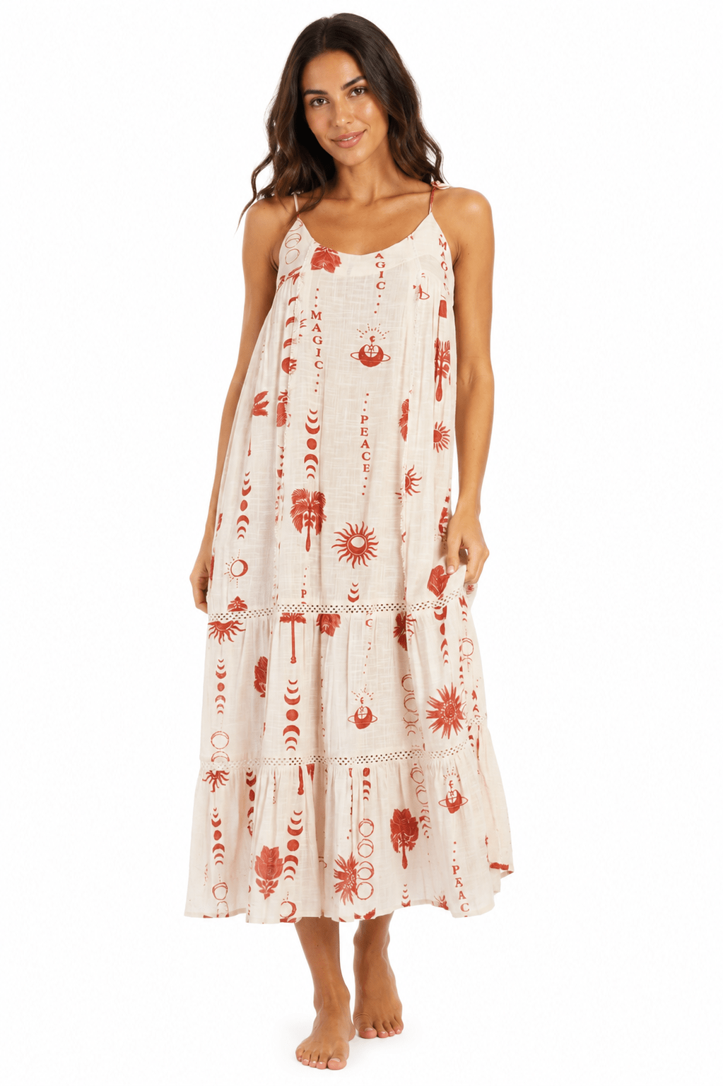 Ivory and terracotta folk-print spaghetti-strap tiered maxi resort dress — view 3