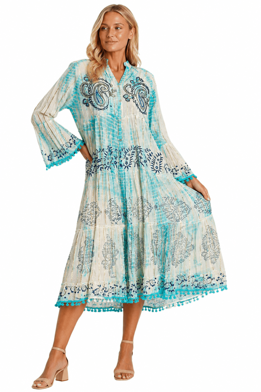Tie-dye embroidered shirt dress, shown from another angle