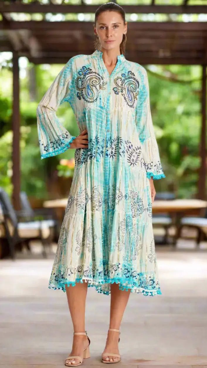 Tie Dye Embroidered Shirt Dress - Designer Shirt Dress | Elegant Kaftan Cover Up Dress | Club Moda USA