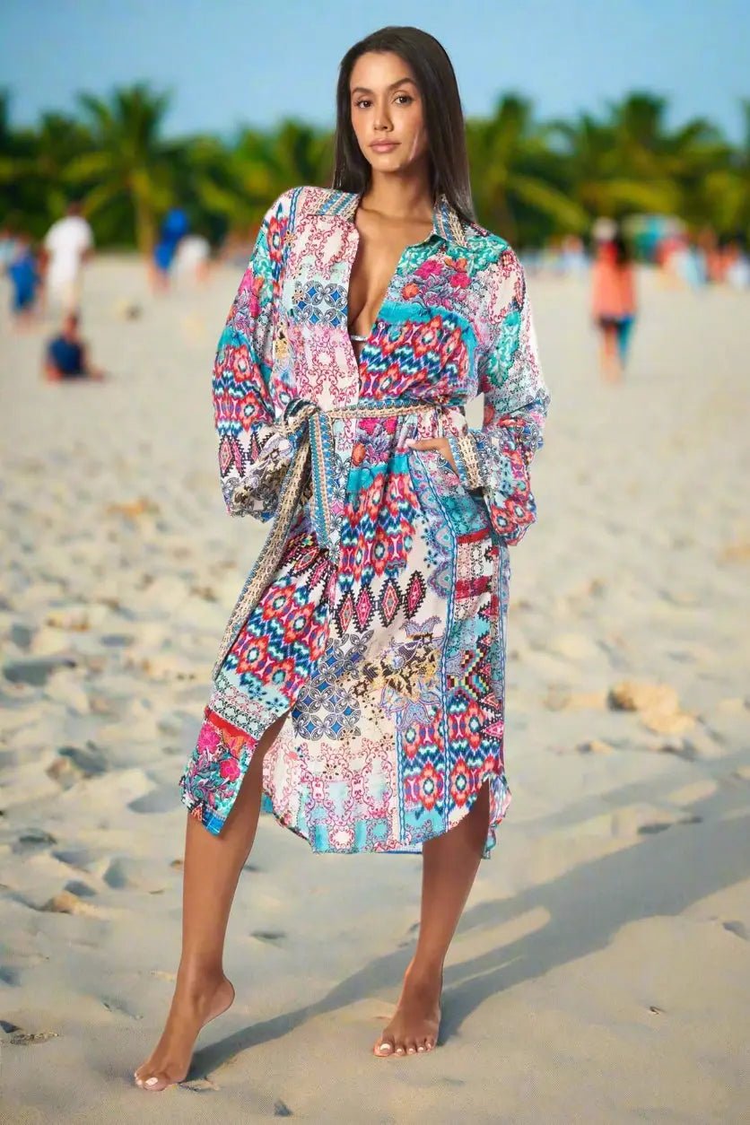 Tribal Ikat Easy Shirtdress Cover-Up - Designer Shirt Dress | Elegant Kaftan Cover Up Dress | Club Moda USA
