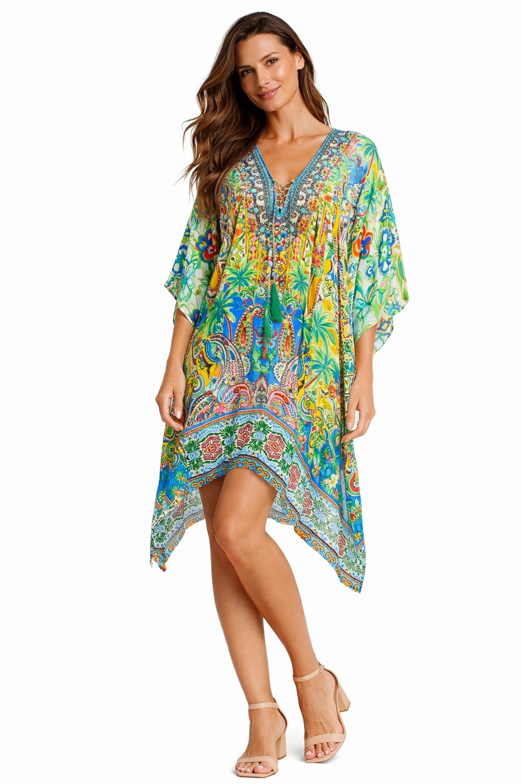 Tropical-print kaftan dress with a long silhouette, additional view