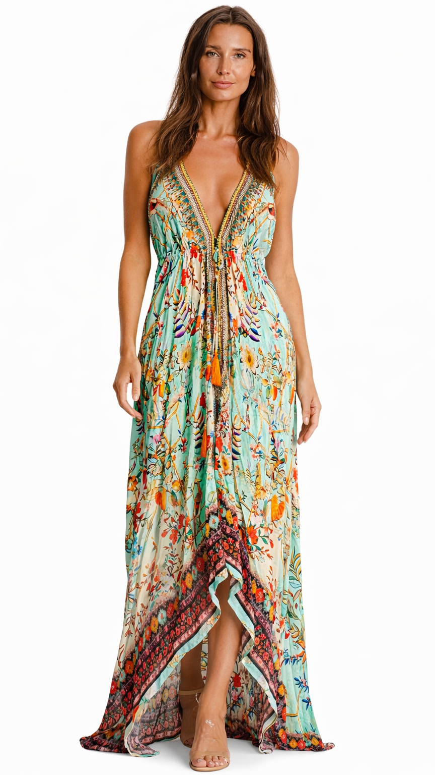 Tropical Print Deep V-Neck Maxi Dress – Bohemian Resort Wear for Women Club Moda mxd - women's resort vacation wear