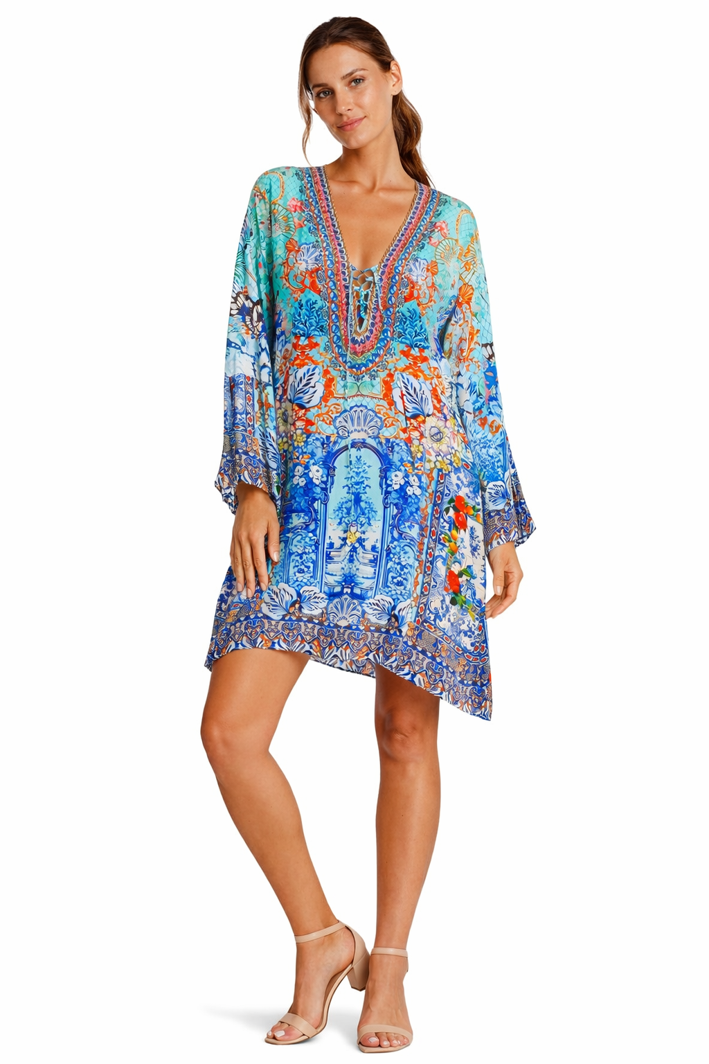 Turquoise Baroque Mosaic Kaftan Mini Dress - front view - Club Moda USA luxury resort wear