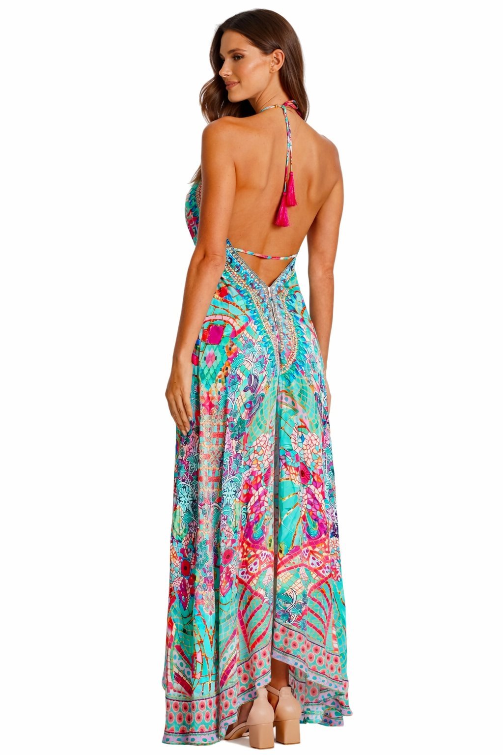 Turquoise Bohemian Print Embellished Maxi Dress - Designer Maxi Dress | Elegant Kaftan Cover Up Dress | Club Moda USA
