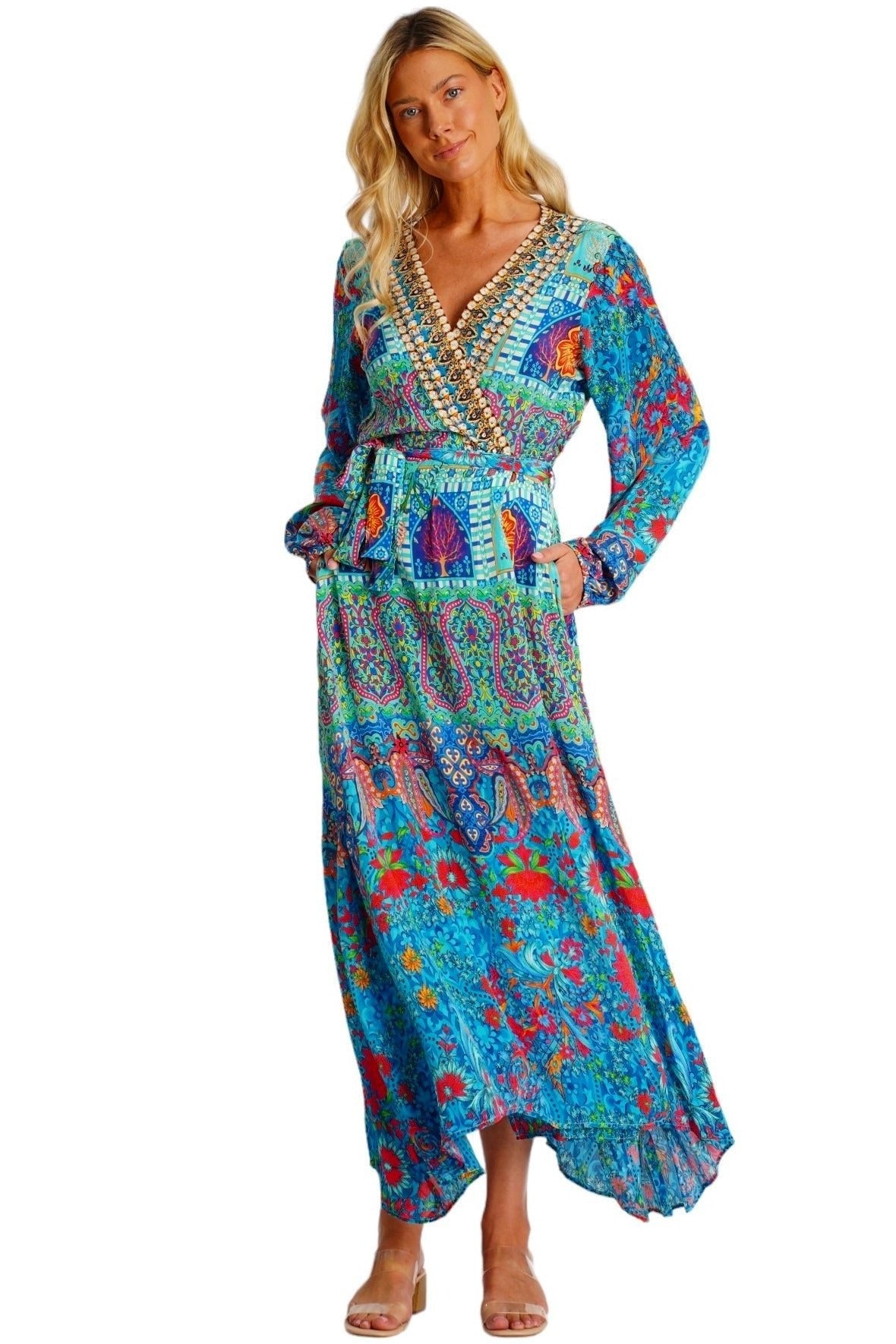 Turquoise Embellished Long Beach Kimono - back view - Club Moda USA resort collection