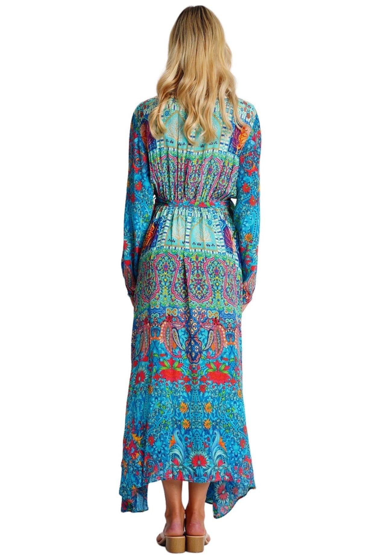 Turquoise Embellished Long Beach Kimono - detail close-up - Club Moda USA vacation dress