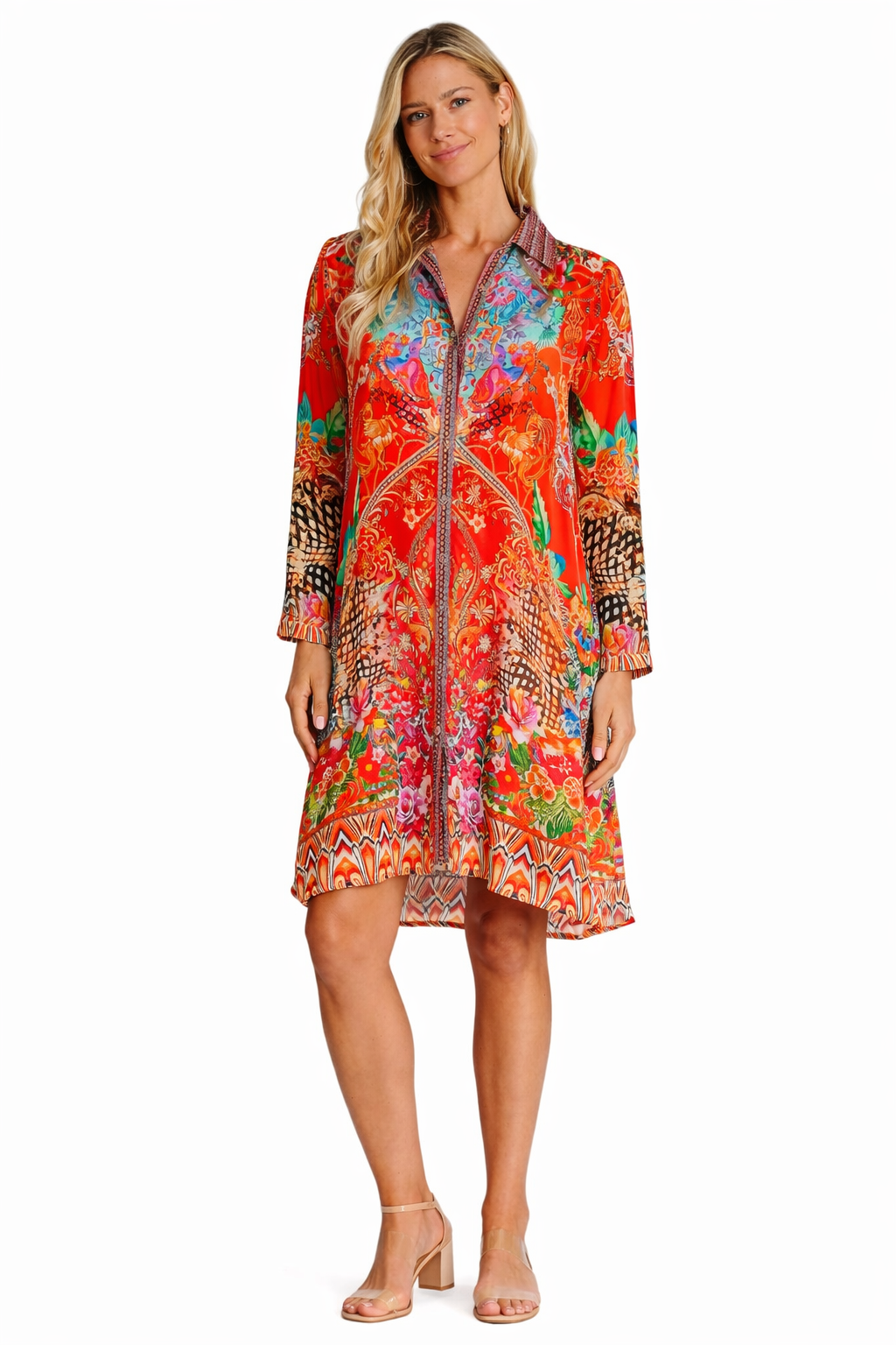 Turquoise Floral Shirt Dress – Tropical Print Beach Mini Dress - Detail View | Club Moda USA