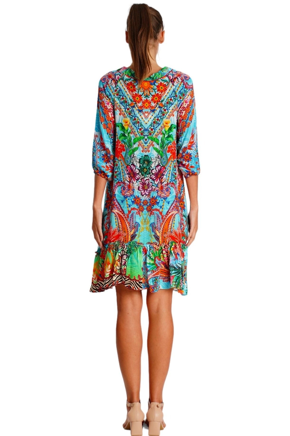Turquoise Tropical Boho Tiered Short Dress - detail close-up - Club Moda USA vacation dress