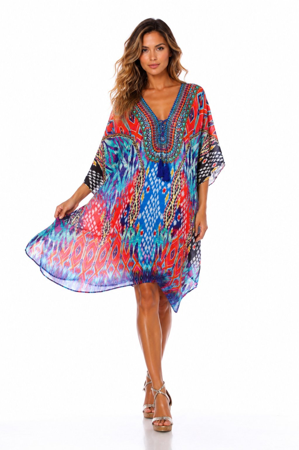V-neck kaftan resort dress, shown from another angle