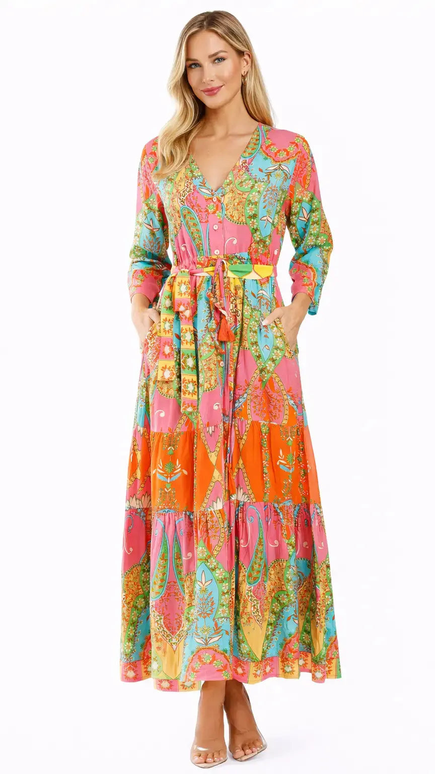 Vibrant Paisley Maxi Shirt Dress – Luxury Resort Wear - Designer Maxi Dress | Elegant Kaftan Cover Up Dress | Club Moda USA