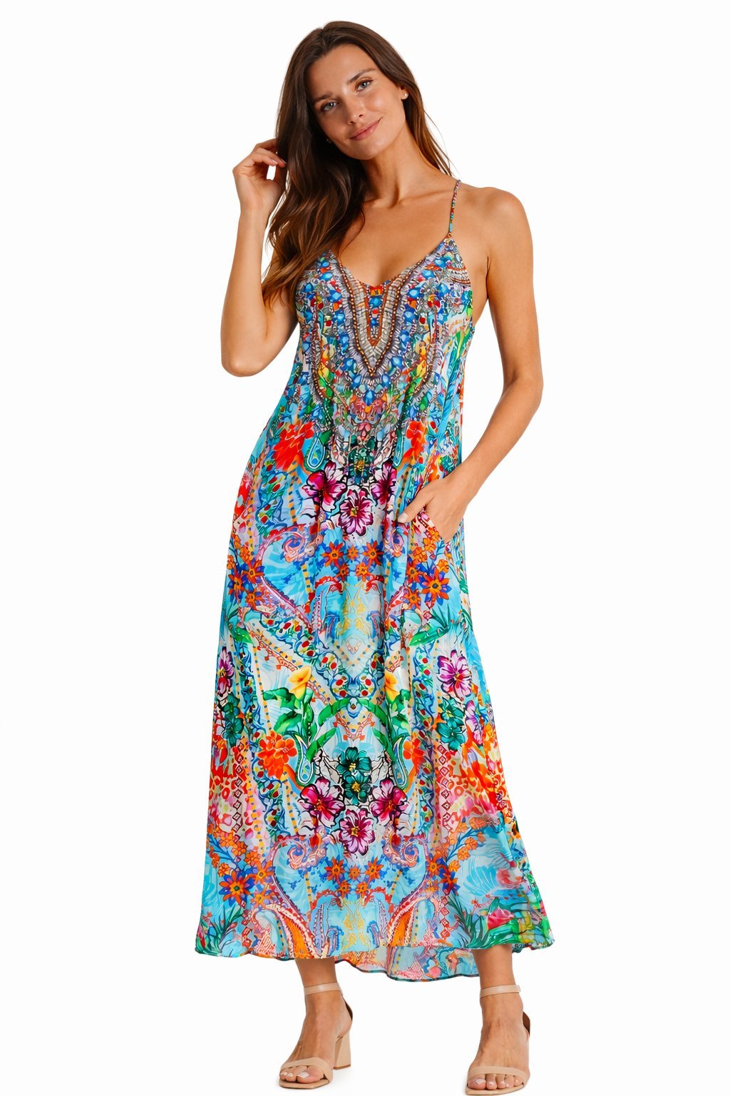 Vibrant printed racerback maxi dress with a long skirt, additional view
