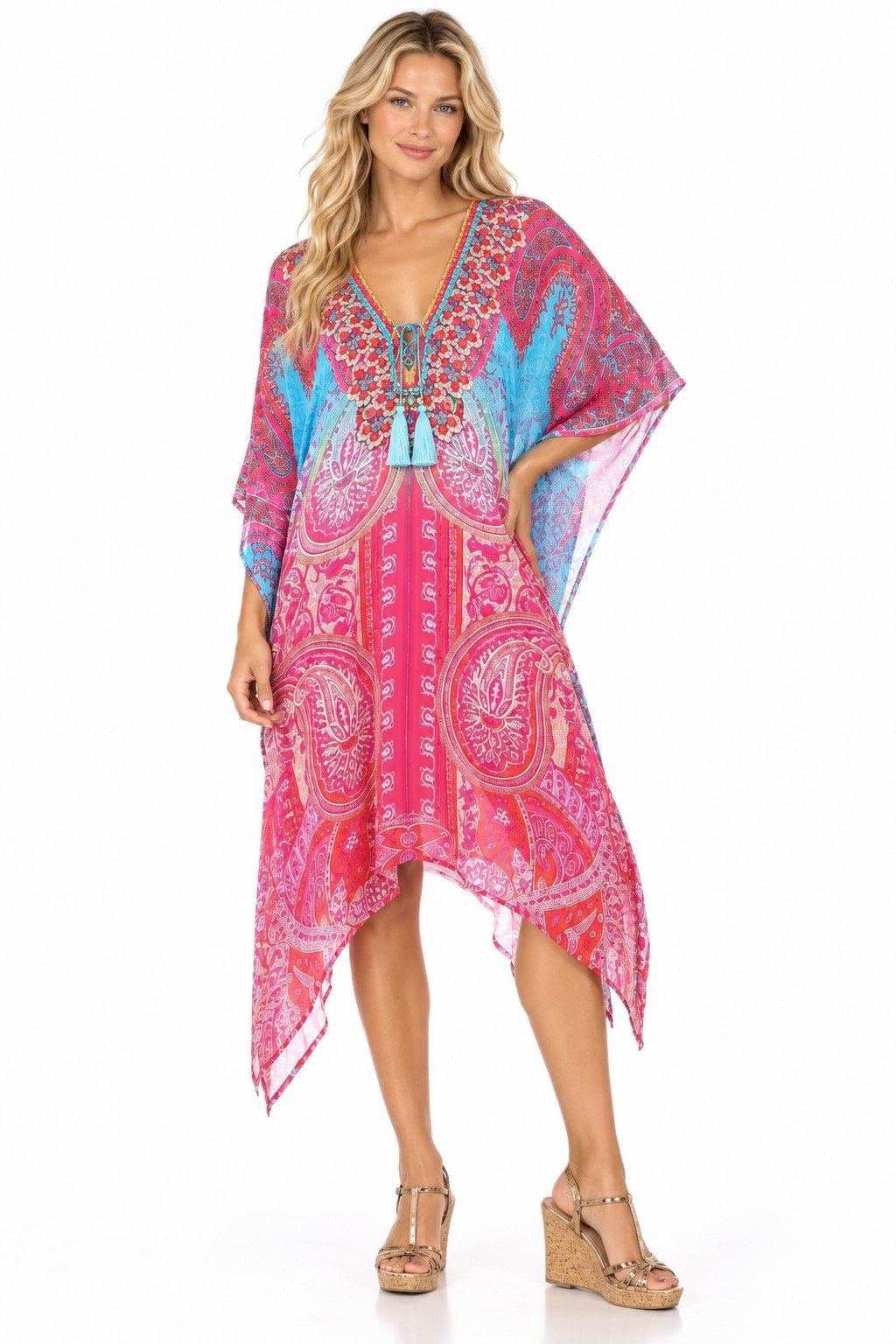 Club Moda pink paisley kaftan dress front view on white background - batwing sleeves and handkerchief hem, SKU 201011-RK-SILK