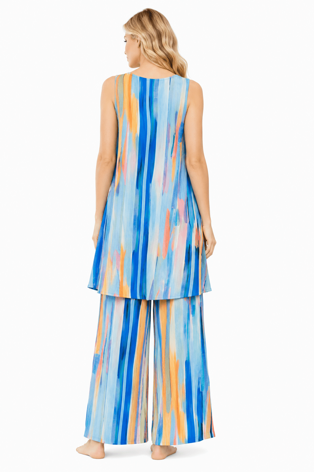 Blue and peach watercolor stripe two-piece pant set for women - side view