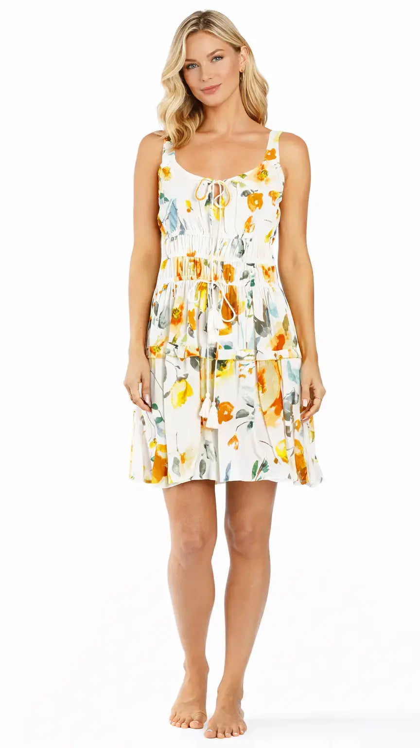 White Floral Mini Dress – Lightweight Resort Wear - Designer Mini Dress | Elegant Kaftan Cover Up Dress | Club Moda USA