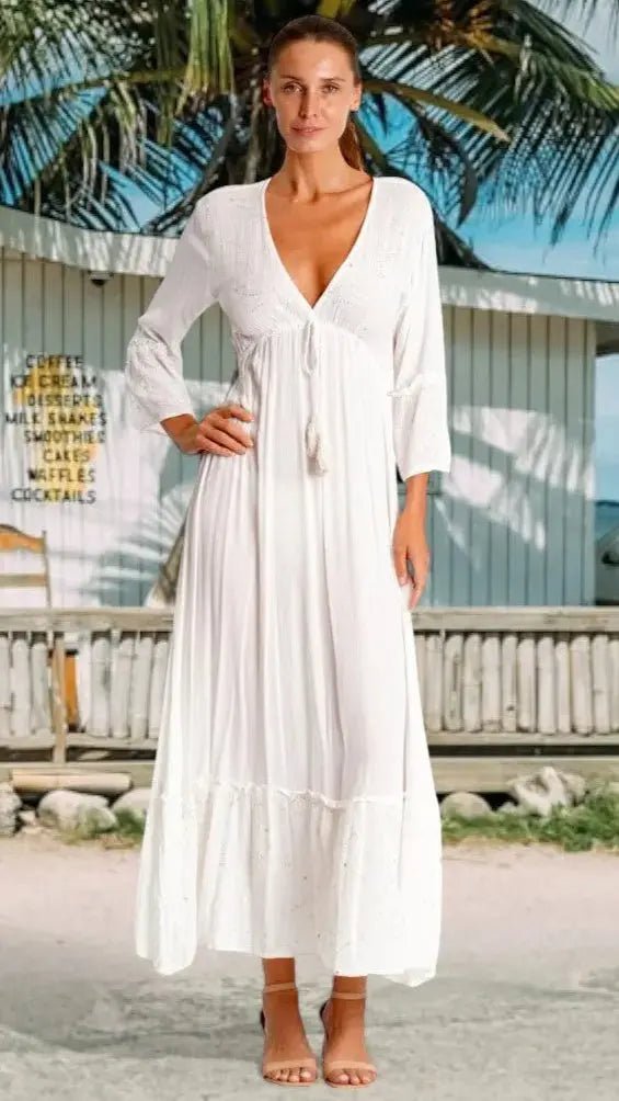 White Maxi Dress - Designer Maxi Dress | Elegant Kaftan Cover Up Dress | Club Moda USA