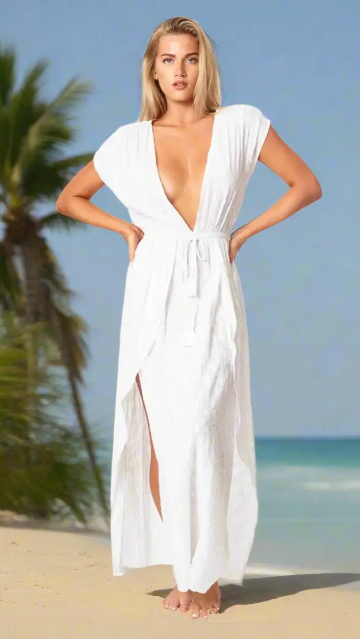 White Maxi Dress with Front Slits - Designer Maxi Dress | Elegant Kaftan Cover Up Dress | Club Moda USA