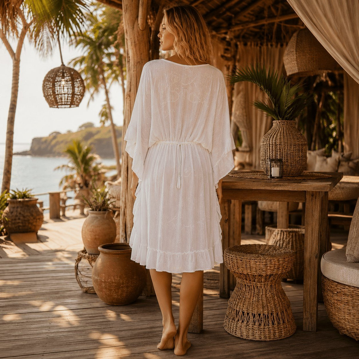 White sequin boho caftan cover-up, shown from another angle