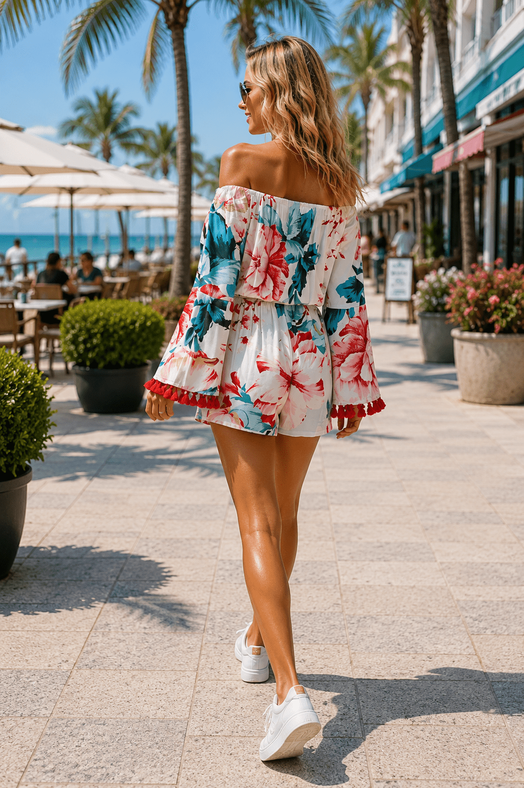 Women's Floral Off Shoulder Romper – Tropical Resort Vacation Romper with Tassel Sleeves | Club Moda