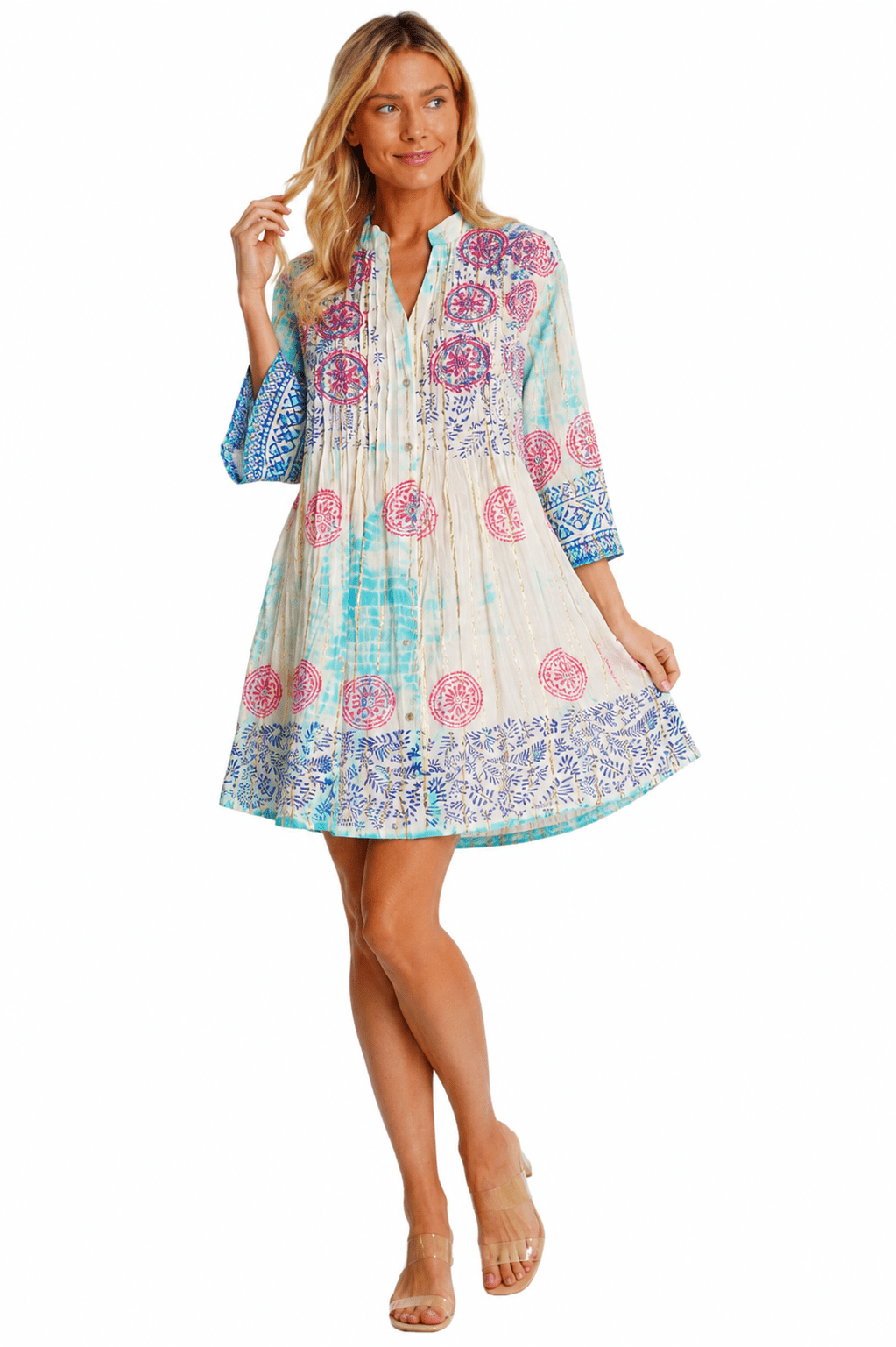 Short shirt dress with a relaxed fit, shown from another angle