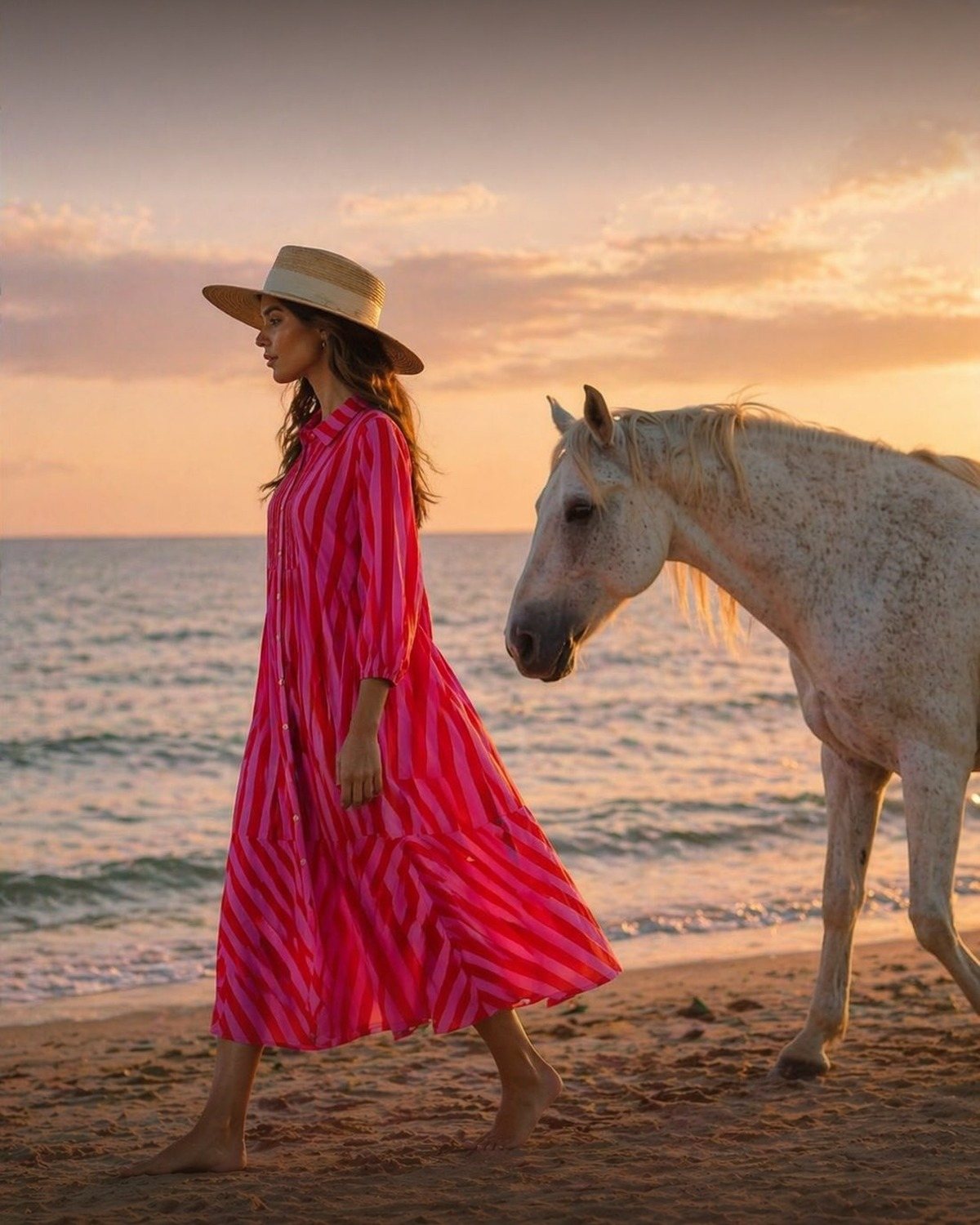 Vestido largo de rayas en la playa al atardecer, moda resort del Caribe
