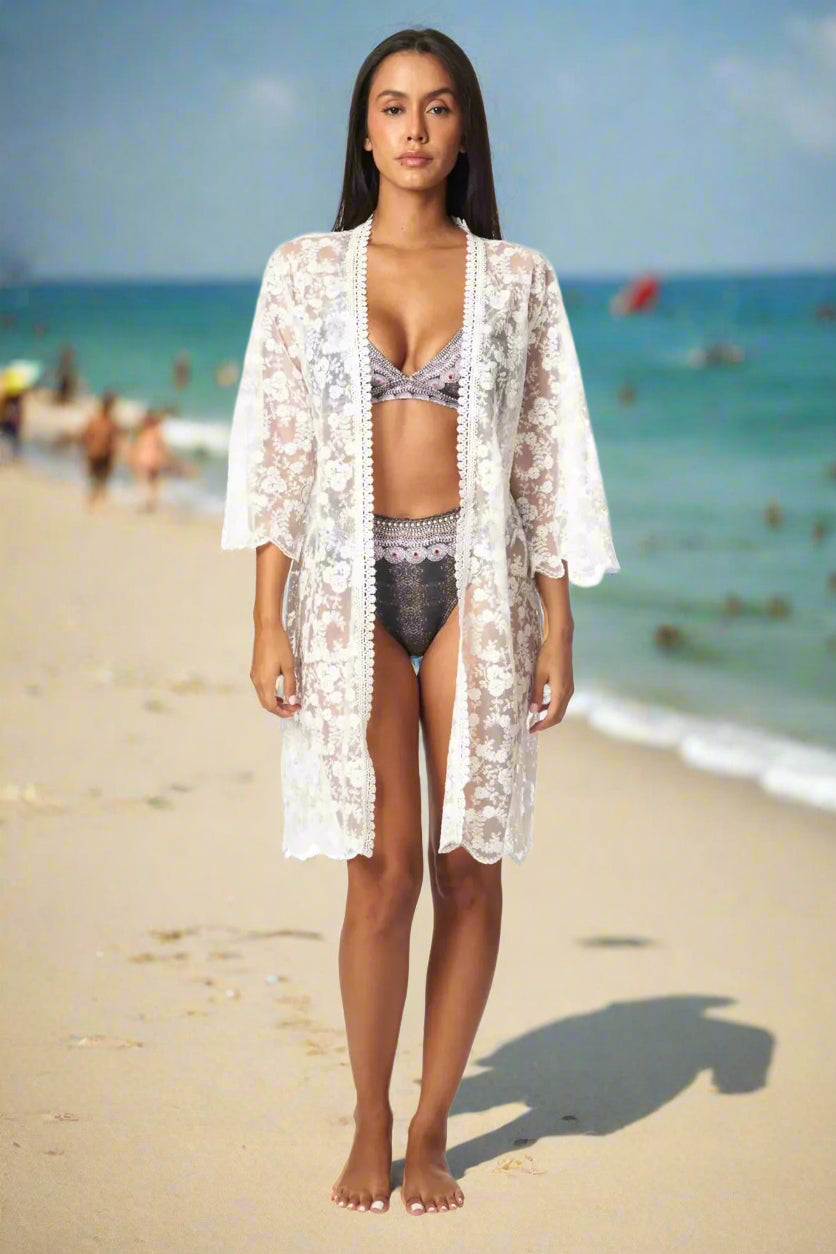 White Boho Lace Kimono Cover Up - La Moda Clothing