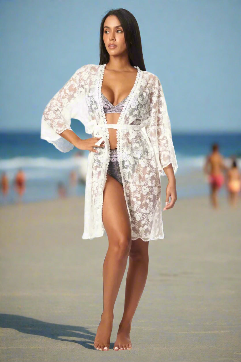 White Boho Lace Kimono Cover Up - La Moda Clothing