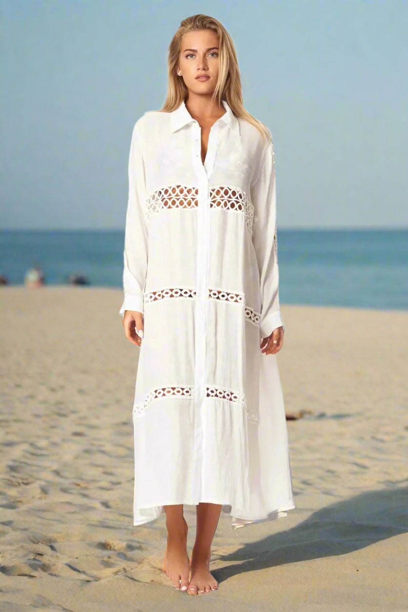 Women Loose Long Sleeve Shirt Dress Swimsuit Cover Ups - La Moda Clothing